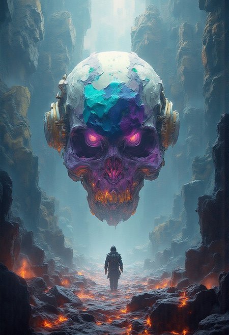 A floating helmet that reflects the crystal world, Gaint cubic crtsyal spires a lonely cyberpunk robot stands infront of the helmet.Great mysterious world, beautiful fantasy world