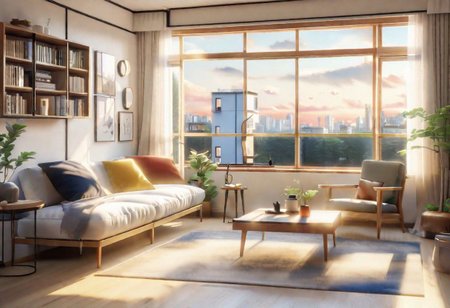 anime-style, modern-style interior, with white walls and large windows, Nordic-style furniture, a  study, Sofa, coffee table, bookcase, single wall, 
warm light morning sun, the view of the city