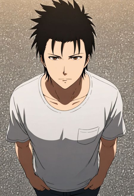 Highres, Masterpiece, High Quality, 4K, 8K, solo, 1Boy, Soujirou Agata, brown eyes, black hair, standing, straight facing upwards, casual, seen from above, arrogant face, dominant, intimidate, easynegative, detailed_eye_model