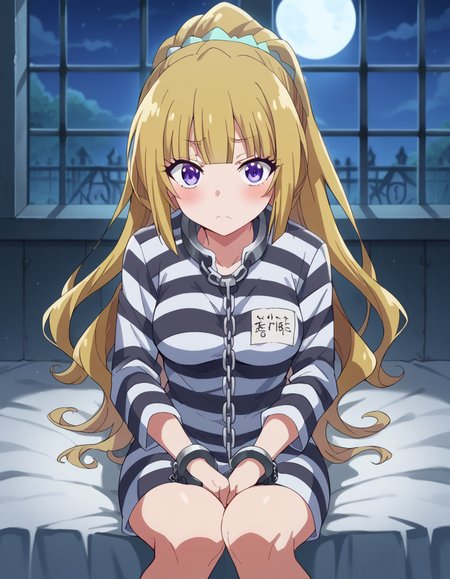 score_9, score_8_up, score_7_up, source_anime, <lora:kei-karuizawa-anime-s2-ponyxl-lora-nochekaiser:1>, kei karuizawa, long hair, bangs, blunt bangs, purple eyes, blonde hair, hair ornament, ponytail, scrunchie, blue scrunchie, medium breasts,, <lora:prison-clothes-ponyxl-lora-nochekaiser:1> prison clothes, prisoner, prison cell, prison, striped shirt, shackles, handcuffs, chain,, sitting, on bed, looking at viewer, blush, night, moon, moonlight, night sky, window, three quarter view, cowboy shot,