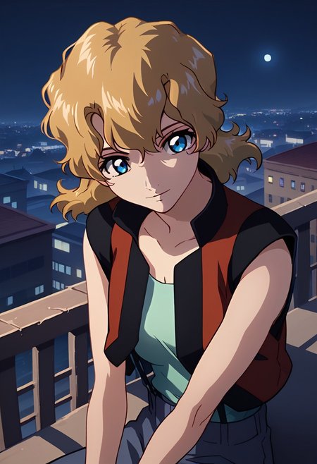 score_9, score_8_up, score_7_up,city view, 1 female,night view, moonlight,asagicaldwell, blue eyes, blonde hair, suspender vest, sleeveless shirt,sitting