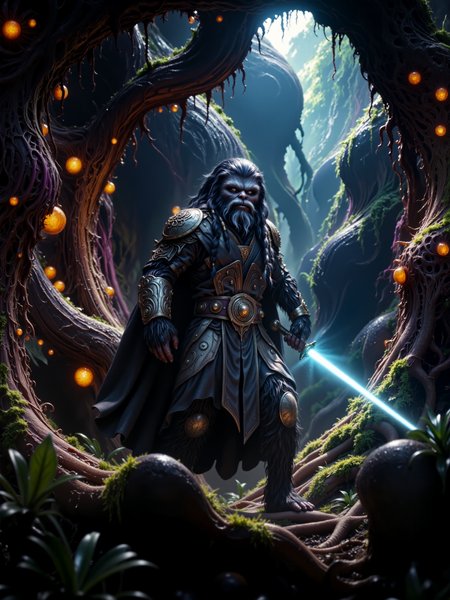 ultra-high-resolution, 8k, 4k, science fiction, low angle view, crepuscular rays, hyperrealistic, science fantasy character portrait in a dense alien forest, cinematic style with photographic realism, a misty, towering jungle setting reminiscent of kashyyyk, filled with massive trees whose trunks stretch beyond the canopy, tangled roots, and faintly glowing moss and alienplants clinging to bark and boulders, in the foreground, a lone wookie jedi stands on a moss-covered stone surrounded by dense underbrush and tangled roots, ethereal beams of light pierce the canopy overhead, illuminating drifting spores and insects, the wookie jedi wears wide black robe woven from natural fibers with armored tribal accents, blending ancient jedi design with tribal wookie aesthetics, he carries a lightsaber in his hand, its blade glowing pearl white, his fur is thick, expressive, and colored slate black, braided with beads or ceremonial ties, full-body shot from a slightly low angle, emphasizing the subject's strength and presence in the ancient forest, soft volumetric lighting through the foliage, subtle lens bloom on glowing elements, detailed textures on bark, fur, and lightsaber hilt, high-end cinematic image with digital post-processing, shot on ultra high-resolution digital camera with natural depth of field and subtle atmospheric haze, deep violet and eggshell white and peacock blue and fuchsia, ovg, alienplants, <lora:alien_plants-flux-by_chronoknight:1.0> <lora:wookiee-star_wars-flux-by_darmox:1.0>