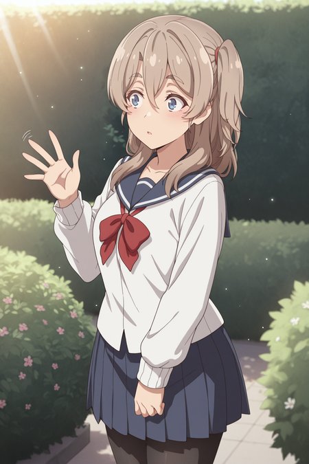 masterpiece, best quality, amazing quality, 1girl, s41t0um1n0, brown hair, long hair, blue eyes, one side up, hair between eyes, thick eyebrows, school uniform, serafuku, sailor collar, red bow, skirt, pantyhose, outdoors, aesthetic, flower, Bush, sunlight, light_particles, waving