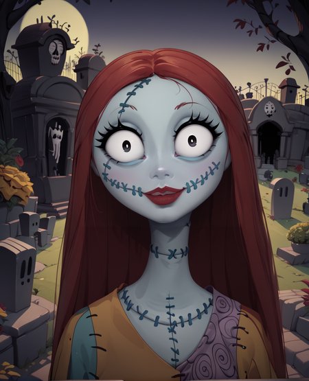 score_9,score_8_up,score_7_up,
Sallyxl,colored skin,stitches,long red hair,stitched face,lips,black eyes,small pupils,large eyes,
dress,smile,looking at viewer,
standing,upper body,garden,
yellow moonlight,graveyard, trees,night,
<lora:Sally:1>,