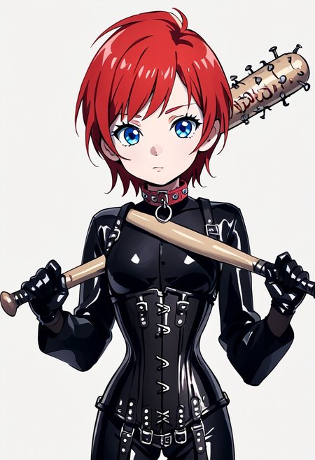 Felecia Manning (fictional character), a cute young woman, short bright red hair, blue eyes, in black leather bodysuit, long sleeves, black rubber gloves, corset, HW_Corset, collar, spiked bat, holding bat , allyway.