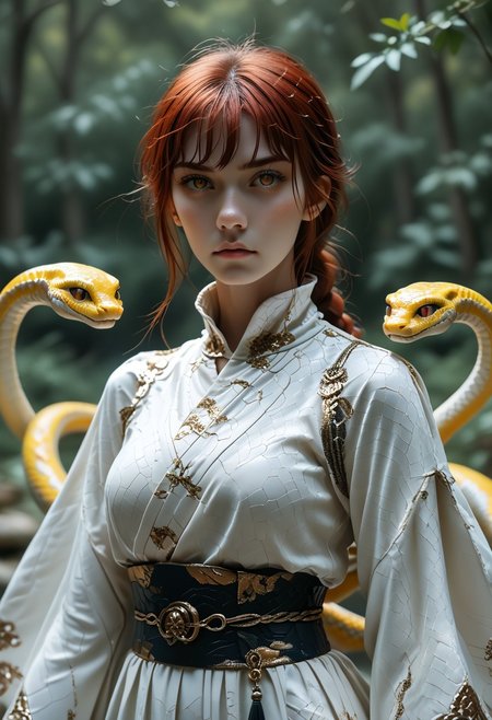 score_9, score_8_up, score_7_up, source_anime, source_safe, lineart, highly detailed, ultra detailed, masterpiece, best quality, amazing quality, SCLPT, sculpture style, yellow marble skin,snake skin,
makima \(chainsaw man\), a PG RATED monster girl made of snake scales  <lora:SnakeHybrid:1> <lora:mcs:1.1> mcs
1girl, snake_hybrid, red hair, blurry, blurry background, yellow snake eyes, closed mouth, depth of field, punching, punch forward, fight stand, high collar, motion blur, motion lines, looking at viewer, obi, outstretched hand,  sash, serious, sidelocks, solo, upper body, water,  wide sleeves,