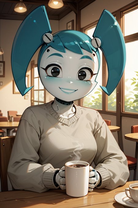 zPDXL3,  <lora:Jenny_Wakeman_PDXL_V2:.9>,
Jenny, woman, android, joints, black eyes, twintails, white skin, medium breasts, grey sweater, looking at viewer, smiling, sitting,upper body shot, behind a table, inside cafe, holding coffee mug, soft lighting,