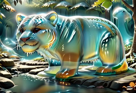 animal_guardian, tiger, a white tiger with black stripes, Tiger made out of slime, slime tiger in a jungle, jungle made out of slime, 
natural light, no bright spots, 
((translucent slime)), ((transparent slime)), made of water, (bioluminescent slime), sl1m3, slime, slime-morph, ais-blmn, saturated colors, no creatures, no humans, no monsters, no pokemon, watce, je11y, gummymorph