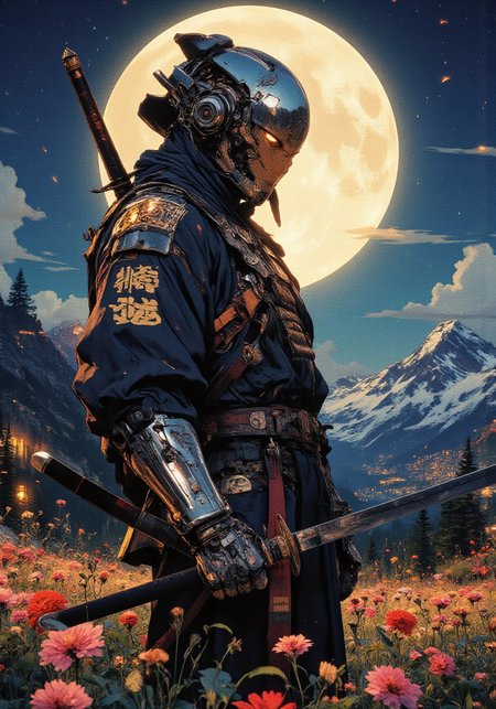 A futuristic cyber a figure  standing in a field of wildflowers under the moonlight. He wears a highly detailed traditional samurai robe with intricate golden embroidery. His hands are covered in reflective metallic gauntlets, gripping a razor-sharp katana. helmet- mask is a smooth, mirror-like  reflecting the night sky, mountains, and glowing city lights in the distance. The scene is bathed in deep blue and golden hues, blending soft natural light with cinematic contrast. Japanese aesthetics and cyberpunk technology 