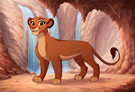 score_9, score_8_up, score_7_up, by solo, rani, lioness, ((feral)), female lion, full body, brown body, reddish brown eyes, smiling, detailed background,  cave, den background, detailed background, front view, adult lioness Rani, queen lioness, feral adult lioness, older lioness, bigger lion, blue paint on forehead,