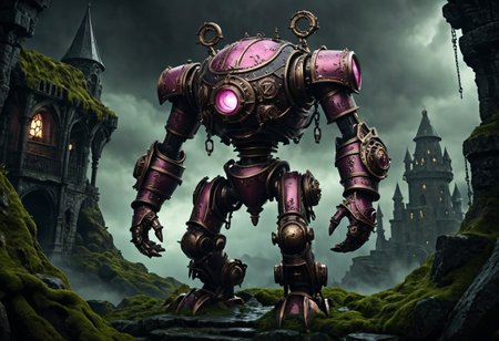 giant bipedal robot dirty pink and dark green, bronze paisley robot. lacy robot metal. diving helmet head. outside of a steampunk keep. large detailed torso. dark image. one forty foot tall ancient robot with great arms and two heavy spring legs. dark foggy night background. $dark foggy night image only. dark photo realistic image. steampunk details. cogs, chains and pipes incorporated in the fantasy buildings. magic wizards tower in background. Dark swamp, moss, castle ruins, wizards tower. stormy dark night.  stormy sky.