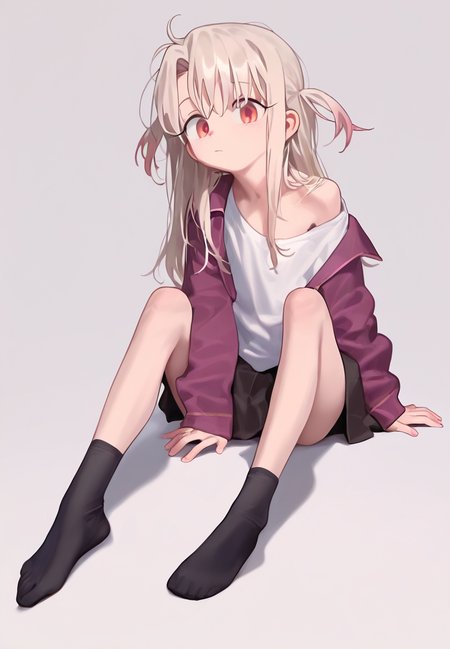 deadpurity, 1girl, solo, illyasviel von einzbern, looking at viewer, simple background, sit, off shoulders, full body, no shoes, white background, masterpiece, best quality,  absurdres  <lora:deadpurity_dim32-000048:1>
