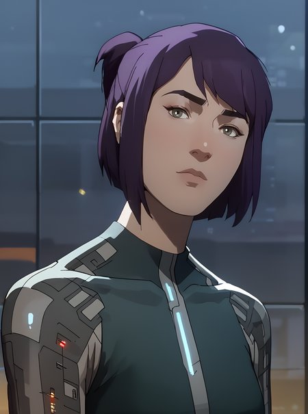 score_9, score_8_up, score_7_up, <lora:maddiekpxl:1>, maddiekpxl, 1girl, short ponytail, wearing cyber bodysuit, tron, cartoon, western animation, looking at viewer, flat colors, outline, purple hair, grid world, bangs