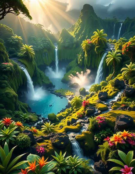 A breathtaking view of an ancient, dormant volcano now transformed into a lush, vibrant natural sanctuary. The crater is filled with dense tropical forests, colorful exotic flowers, cascading waterfalls, and mist swirling gently in the morning light. Vines and moss cover the dark volcanic rocks, and small streams wind down the slopes. while rays of sunlight pierce through the dense canopy, creating sparkling reflections on the water. The atmosphere feels peaceful, enchanted, and untouched by humans. The scene is depicted in an ultra-detailed, hyper-realistic style, with warm, soft lighting and rich, saturated colors that enhance the magical and serene mood of the landscape.
<lora:SDXLFaeTastic2400:0.4> <lora:extremely_detailed:0.4> extremely detailed, <lora:dormant_v0lc4n0:1>,dormant v0lc4n0, Masterpiece,best quality,hi res,8k,hi res,8k,award winning,(sharp focus, intricate, highly detailed),
