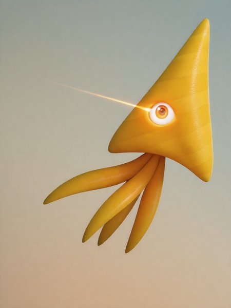 ILXLpos,solo,YellowWisp, bright yellow smooth triangular body, subtle horizontal stripes, large round single reddish-orange eye, Three elongated curved appendages extend from base resembling fins or tentacles,(heat vision,eyelaser),<lora:Laser Vision:1.2>,<lora:Yellow Wisp:1.0>