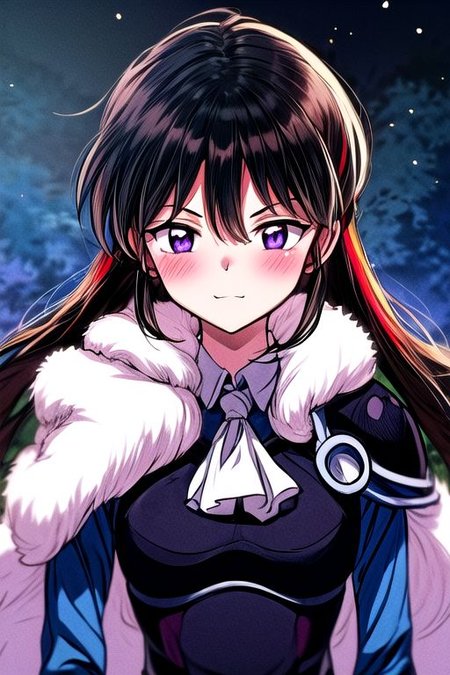 masterpiece,  best quality 1girl Setsun4 solo long hair,  (night time) forest background black hair very long hair purple eyes multicolored hair armor (fur trim) (medium body),<lora:EMS-179-EMS:0.800000>,<lora:EMS-293862-EMS:0.800000> bow, hair_bow, hair_tubes, red_bow, brown_hair, long_hair, bangs, ascot, frilled_bow, yellow_ascot, blush, smile, hair_between_eyes, athletic, armor