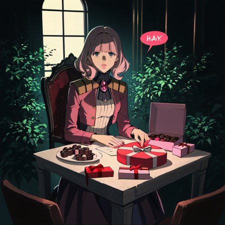 score_9_up, score_9, score_8_up, score_7_up, rating_explicit, ((best quality)), ((masterpiece)), 1girl, overwhelmed yet joyful, opulent room, sitting amidst a dramatic cascade of Valentine's gifts, overflowing table with artisanal chocolates, lush bouquets with detailed love notes, intricately wrapped boxes, dazzling jewels, surreal, almost fantastical abundance, vibrant lighting, dynamic composition Midori Kohakobe midori, lips,