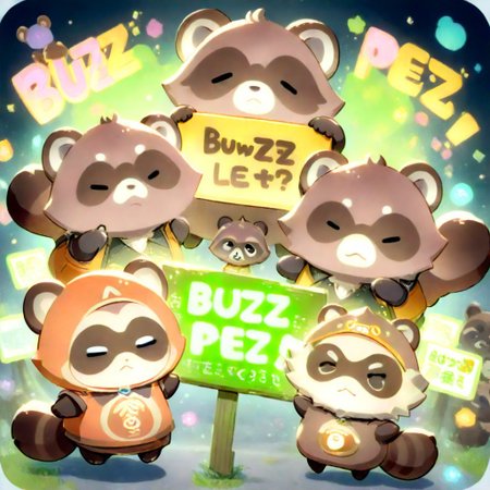 buzz, tanuki, chibi, with a sign with text "buzz plz" <lora:buzz-text:.85>3DMM