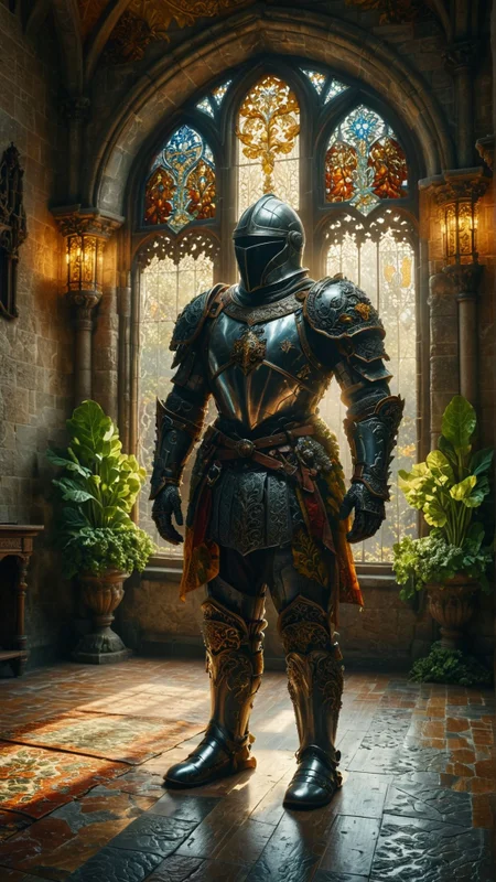 hyper realistic, a medieval knight in ornate armor, standing in a grand hall with stained glass windows, soft beams of light illuminating the scene, regal and majestic 
 <lora:ral-sld:1> ral-sld
<lora:add-detail-xl:1>
<lora:MJ52:0.35>,
<lora:SDXLFaeTastic2400:0.325>,
(settings by AIDigitalmediaaggency:0.0001),
OverallDetailXL