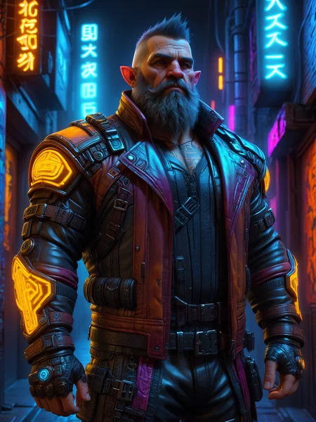 man, dwarf, short, cyberpunk, leather clothes, side alley, neon lights <lora:Neon_Cyberpunk_SDXL_Dwarves:0.8>, (masterpiece:1.2), best quality, (hyperdetailed, highest detailed:1.2), high resolution textures