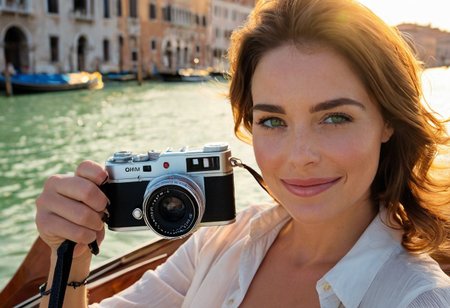 A meticulously detailed,Expressive,  hyper-realistic photograph of Olivia, a 35-year-old woman with wavy short, brown hair, vibrant green eyes,featured strands giving the sense of movement, subtle smiling, subtle wrinkles, subtle laughlines, subtle pores in her ckeeks. She wears a solid white button-up shirt, slightly open at the collar, exuding an effortlessly elegant. Olivia sits gracefully in a polished black gondola, gliding along the Grand Canal. The sunlight reflects off the water, casting shimmering patterns on her face. Behind her, historic Venetian palaces with ornate façades stand in soft focus, their pastel hues blending with the golden light. A vintage film camera hangs around her neck, adding to the timeless charm.. on a Summer Sunny day. The sunlight highlights her face, creating natural shadows and depth. Shot with a Nikon D5300, 25mm lens, f/2.8 aperture, ISO 80,  a slight vignette effect for a cinematic touch." photography highly detailed realistic ambient lighting