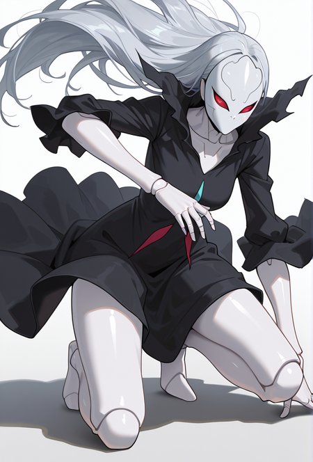 Smooth Quality,masterpiece,very intricate, high quality details, ultra realistic, high detailed skin,detailed enviorement,absurdres,
simple background, white background, 
dynamic angle,solo,on one knee,
 <lora:Berettacnn:0.8>  beretacnn,1girl, long hair,red eyes, (mask:1.1), black dress,silver hair, doll joints, no humans, no mouth,
