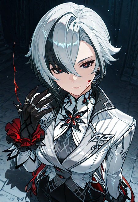 1girl,arlecchino genshin impact, 
solo, black_flower, x-shaped_pupils, flower, multicolored_hair, symbol-shaped_pupils, earrings, claws, jewelry, black_rose, looking_at_viewer, white_hair, short_hair, rose, black_hair, hair_over_one_eye, parted_lips, streaked_hair, blood, red_pupils, bangs, black_eyes, two-tone_hair, grey_hair, one_eye_covered
,(Perspective:1.5),
fabulous artwork,Volumetric image, HDR, high contrast,Smooth Quality , masterpiece, best quality, amazing quality, very aesthetic, high resolution,  absurdres,  newest,high contrast color,perfect composition,perspective,incredibly absurdres,  cute, ambient occlusion, highly detailed,shadows,