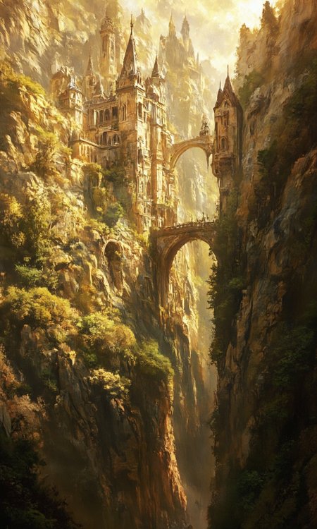 artwork depicting a fantastical, ethereal landscape. The scene is dominated by a grand, ornate castle-like structure, constructed in a medieval style with tall, pointed arches and intricate detailing. The castle is perched on a rocky cliff, with the rocky surface visible and textured with a mix of light and dark shades. The castle's architecture is a blend of Gothic and Romanesque styles, with multiple turrets and towers, some of which have balconies and parapets. The color palette is warm, with earthy tones of brown, gold, and amber, enhancing the sense of antiquity and mystery.
The castle is connected to the cliffside by a narrow, arched bridge that spans a deep gorge. The bridge is lined with a stone balustrade and is adorned with ornate, decorative elements. Below the bridge, dense, lush greenery clings to the cliff face, with trees and bushes creating a natural barrier that contrasts with the stone structures above. The light in the scene is soft and golden, suggesting either early morning or late afternoon, casting long shadows and adding to the magical, otherworldly atmosphere. The overall composition is rich with detail and texture, evoking a sense of awe and wonder., aidmaimageupgrader, aidmamj6.1,