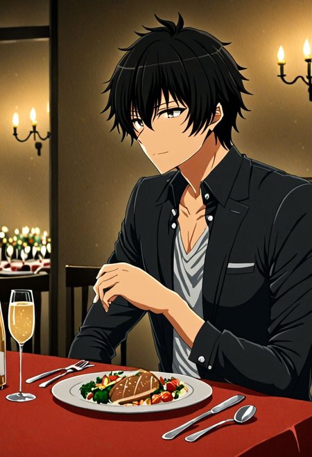 high resolution, solo, best quality, 1Boy, Seiya Kanie, black hair, short hair, thin, dating, romantic, dinner, OverallDetail