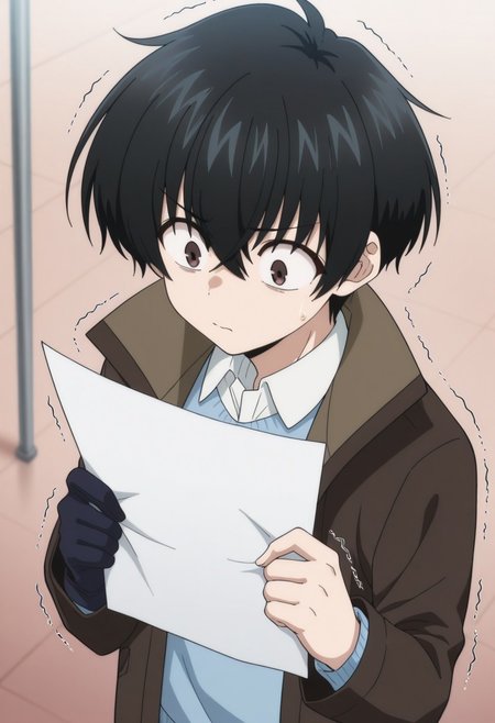 masterpiece,best quality,amazing quality, source_anime, 
KeitaroGentoga, 
1boy, male focus, black hair, paper, trembling, solo, holding, holding paper, closed mouth, upper body, brown eyes, shirt, white shirt, collared shirt, blue sweater, jacket, brown jacket, open jacket, single glove
