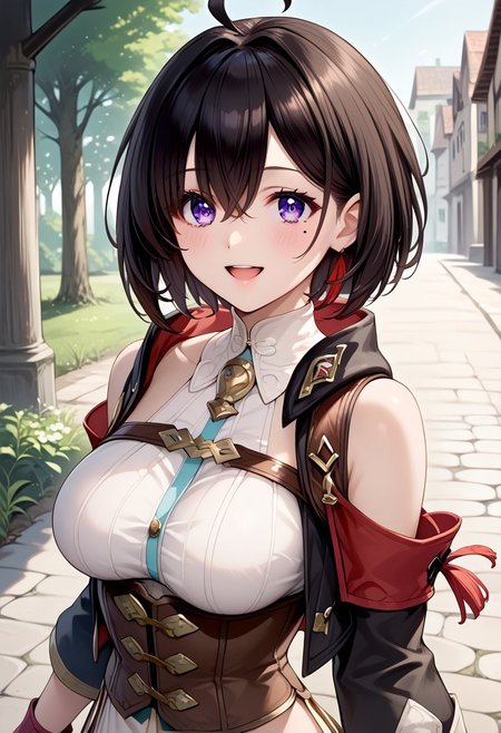score_9, score_8_up, score_7_up, source_anime, 
detailed eyes, eye reflection,
atelier yumia,
short hair, black hair, ahoge, red hair, bangs, mole, mole under eye, purple eyes,
large breasts,
corset, bare shoulders, black jacket, long sleeves, partially fingerless gloves, red gloves, white shirt,
outdoors,
1girl, solo, blush, smile, open mouth,
dutch angle,