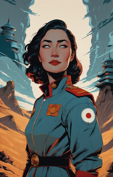 mgcilu, best quality, ultra-detailed, realistic, 1950s poster design in the style mix of artists Greg Manchess, Jamie Hewlett, Joe Sorren, Todd McFarlane, vibrant colors, dynamic composition, expressive portrait 1950s poster of a stunning Mongolian woman with a big smile cosmonaut, beautiful eyes, standing, simple background, head and shoulders shot, arms at sides, hands in pockets, retro-futuristic culture references, comic book aesthetics, strong linework, raw emotion, eye-catching visuals, sketch-like illustrations, visual storytelling, innovative use of color, provocative messages, unique fusion of styles, dynamic contrasts, trending on artstation, intricate details, highly detailed <lora:tag is mgcilu:0.7>