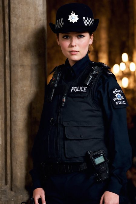 a young woman,  <lora:ConstableUniform:1>constableuniform, uniform, hat badge, headwear, black constable hat, police uniform, dark blue collared shirt, black  police utility belt, long sleeves, black pants,  black footwear,  ((solid black necktie)), ((black pulletproof vest)), walkie-talkie,  "POLICE" nametag above own left breast pocket, (detailed face), (detailed lips), (detailed eyes)