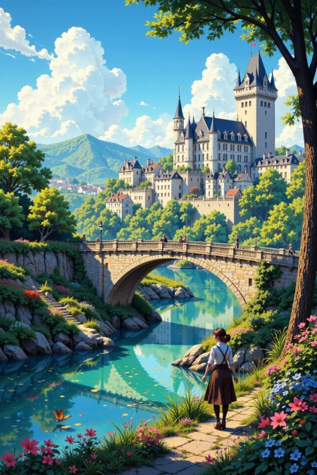 Loire Valley bridge beautiful anime landscape, morning, woman, very intricate, very detailed, sharp, bright, colorful, <lora:Hand v2:0.5> <lora:Anti-Blur:1><lora:Insane Detail Slider:0.25>  <lora:flux.1_lora_flyway_Epic-detail_v2:0.3> <lora:fluxenhancer:0.25> <lora:ROWER:0.6> <lora:flux-charmer-v1-1:0.4> <lora:Colorful_Fantasy_Art_for_FLUX:1> fantasy art