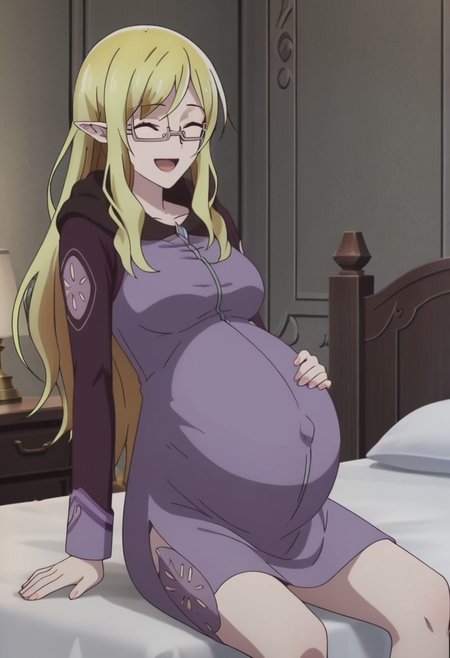 best quality, masterpiece, 4k, perfect lighting, very aesthetic, anime, anime coloring, official art, anime screencap,
bedroom, large pregnant belly, happy, smile, hand on belly,
Steina, elf, glasses,