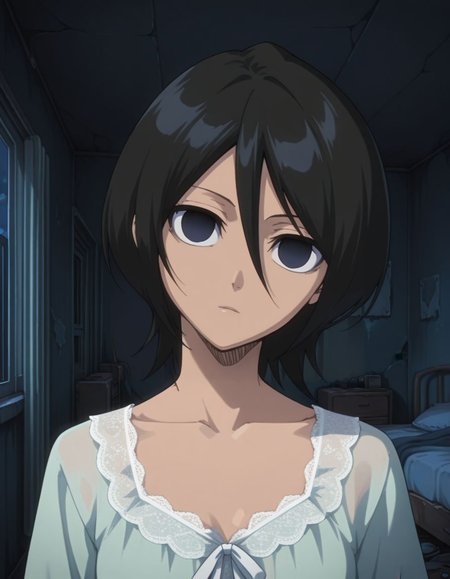 masterpiece, best quality,  <lora:Mind_Controlled_Rukia:1>, 4ukia, short hair, black hair, dark blue eyes, expressionless, empty eyes, (head tilt, nightgown:1.2), face focus, abandoned japanese bedroom,
