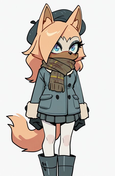 1girl, solo, <lora:knuxze:1> knuxze,
<lora:Whispangle-Illustrious:0.8> whisper the wolf, wolf ears, wolf tail, brown fur, yellow fur, two-tone fur, blue eyes, winter outfit, long coat, pleated skirt, white pantyhose, boots, scarf, beret, extremely detailed, highres, masterpiece, best quality