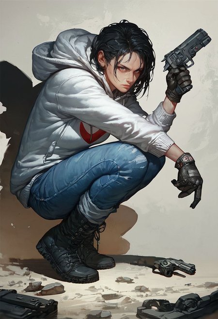score_9, score_8_up, score_7_up, kyuyongeom,
1girl, black hair, boots, gloves, handgun, holding gun,  hoodie, jeans,  pants, solo, squatting, trigger discipline, roottop.
<lora:Kyu_Yong_Eom_Style_-_Pony:0.6>