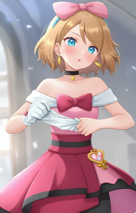 [[[hinosaki]]], 1girl, solo, cowboy shot, upper body, contserena, [[serena_\(pokemon\)]], blue eyes, light brown hair, medium hair, pink dress, red skirt, sleeveless, bare shoulders, collarbone, black choker, earrings, hair bow, pink bow, red bow, white gloves, black pantyhose, remglove, removing glove, masterpiece, best quality, amazing quality, very aesthetic, high resolution, ultra-detailed, absurdres, newest