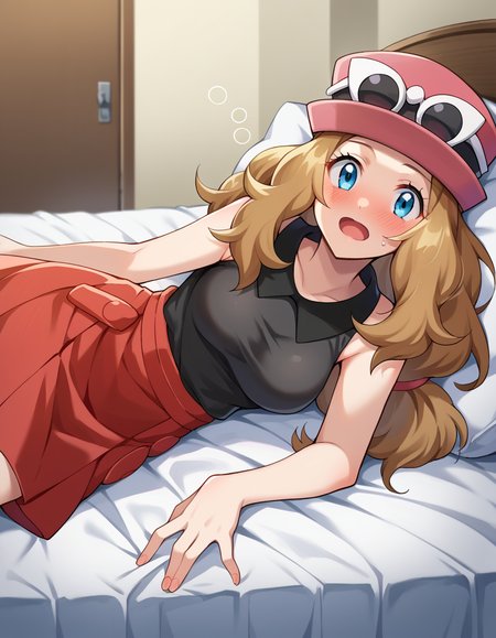 score_9, score_8_up, score_7_up, source_anime,
pokemonserena, <lora:pokemon-serena-ponyxl-lora-nochekaiser:1>
serena, long hair, blue eyes, brown hair,
eyewear on head, hat, skirt, sunglasses, shirt, black shirt, sleeveless, red skirt, pink hat,
indoors, bed, bed room, on side, blush, drunk,
looking at viewer, cowboy shot, dutch angle,