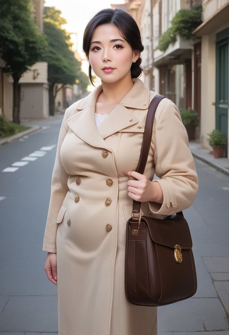 score_9, score_8_up, score_7_up, 35mm photography, highly detailed, sharp focus, source_anime, 1milf,mature and plump asia housewife, solo，(beige buckle long coat),Bare knees ,low updo, black hair,(beautiful face), beautiful eyes,eye-shadow,Long eyelashes， perfect cute face, plump face,Round cheeks, dignified，mild ，Long legged，sole，standing,  (satchel)， Street，tree，