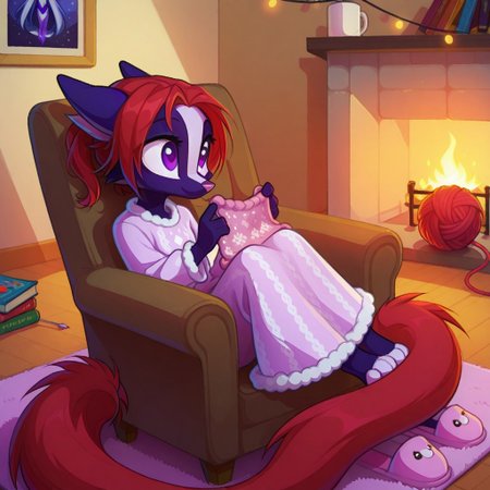 Dreamkeepers,Indi_and_Digo,1girl,solo,furry,tail,source_furry,,red hair,purple fur, purple eyes,
child, kid, 
knitting_needles, yarn_ball, blanket, armchair, fireplace, slippers, wool, pattern_book, A cozy evening by a crackling fireplace, someone curled up in an armchair, needles clicking as they knit rows of a soft blanket. Yarn roll slightly on the floor, a coffee mug steams on a side table, and a pattern book lies open nearby