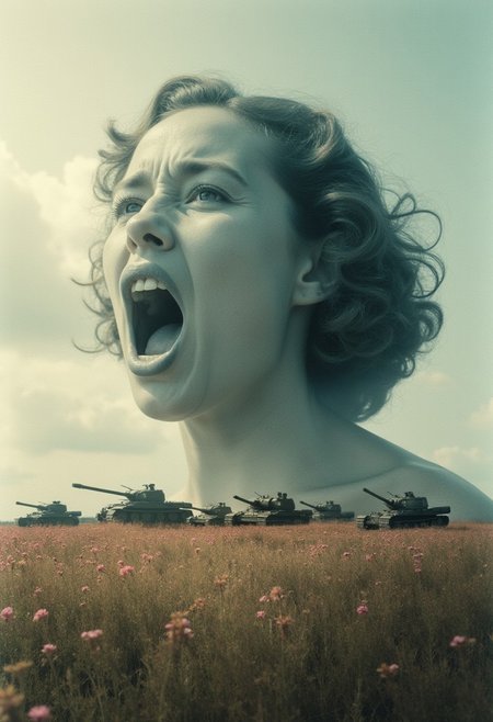 "A double-exposure photograph: a screaming face overlapping with a still meadow, soft pinks and blues blending into gritty black-and-white, tanks looming like ghosts, a raw, shaky handheld feel, dreamy yet unsettling." cinematic_1940s cinematic_octane