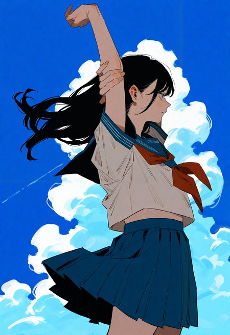 hachinuki tetsuyo, (go e 0000:1.2), (xilmo:1.1), (96yottea:0.8), painting \(medium\), 
1girl, solo, black hair, long hair, 
school uniform, serafuku, red neckerchief, sailor collar, pleated skirt, blue skirt, 
floating hair, floating clothes, 
standing, blue sky, cloud, arm up, hand on own arm, stretching, 
from side, 
masterpiece, high quality, highres, absurdres, very awa, very aesthetic, (perspective:1.1),
<lora:owk_bsh_yy:0.5>,
<lora:sample:1>