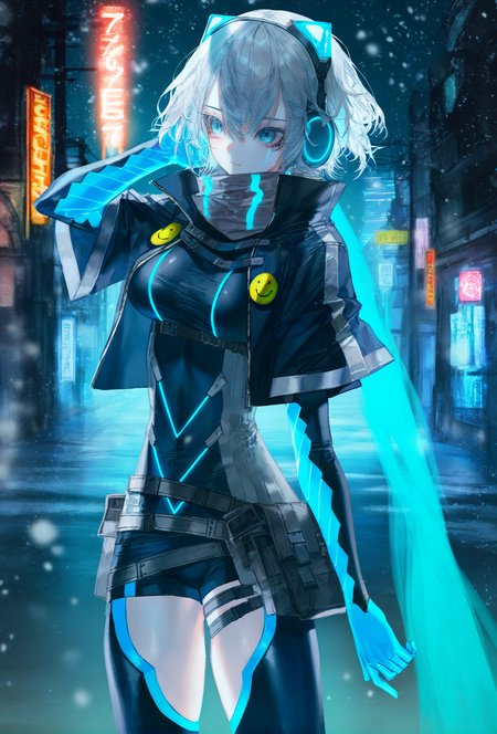(artist:onineko:0.826446),artist:hito komoru,(artist:quasarcake:1.1),(artist:reoen:0.826446),artist:machi,(7769:1.21),sea foam,
1girl, solo, icey, blue eyes, grey hair, short hair, fake animal ears,
neon trim, grey scarf, cropped jacket, black jacket, black bodysuit, blue gloves, multiple belts, button badge, smiley face, short shorts, taut clothes,
thigh boots, thigh strap, 
cyberpunk, city, neon signs, snowing,
 <lora:icey.naixl1:0.8>