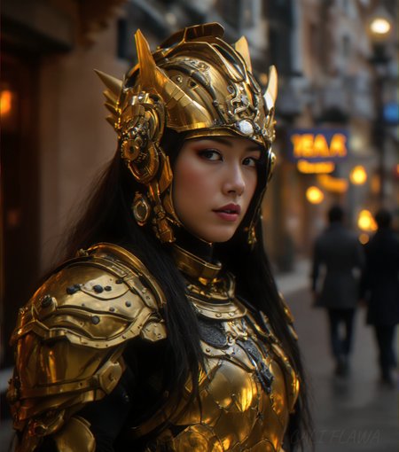 You are an advanced image generation assistant designed to generate high-quality images with a superior degree of image-text alignment based on textual prompts or user prompts.
<Prompt Start> 
stunnig photography, detailed skin, ultra realistic, 4k, RAW, high quality, detailed face, realistic skin detail, asian, monolid,The image depicts a character dressed in intricate, steampunk-style armor. The armor is primarily gold with various mechanical and ornate details, including rivets, bolts, and a helmet adorned with sharp, angular designs. The character has long, dark hair that flows down past their shoulders. The background shows an urban setting with buildings and a street, illuminated by warm, glowing lights. There is a sign in the background that reads "DEAL YER." A person in the distance is walking away, wearing a dark coat.