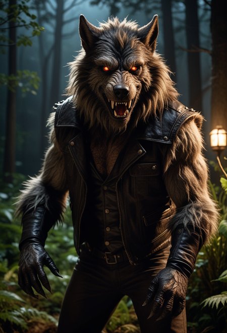 (medium full shot) of (beastly werewolf), brown fur, bristling fur, wearing leather vest,  clawed gloves,  set in  a mystical clearing with glowing plants, eerie calm, a sense of otherworldliness , at midnight, Masterpiece,best quality, photo, realistic, very aesthetic, detailed face,