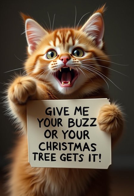 A cute cat, with an over the top shocked facial expression, holding a sign  it says "Give Me Your Buzz Or Your Christmas Tree Gets It!", realistic, cinematic shot, head tilted back, large eyes, pointing at the viewer,