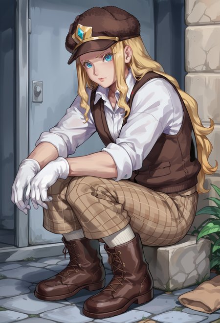 score_9, score_7_up, source_anime, BREAK <lora:PrincessPride:0.6> Princesspride, brown headwear, brown vest, white shirt, brown pants, plaid pants, white gloves, socks, brown footwear, boots,  <lora:Kumiko Aleron Style V4:0.7> kumiko_aleron_style,