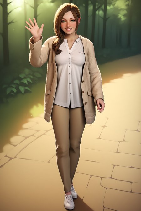 score_9, score_8_up, score_7_up, score_6_up, BREAK, MiaWintersRE7PXL, green eyes, brown hair, long hair, medium breasts, realistic, open jacket, jacket, white shirt, pants, white shoes, solo, full body, standing, waving, seductive smile, looking at viewer, naughty face, nose blush, forest <lora:MiaWintersRE7PXL:1>